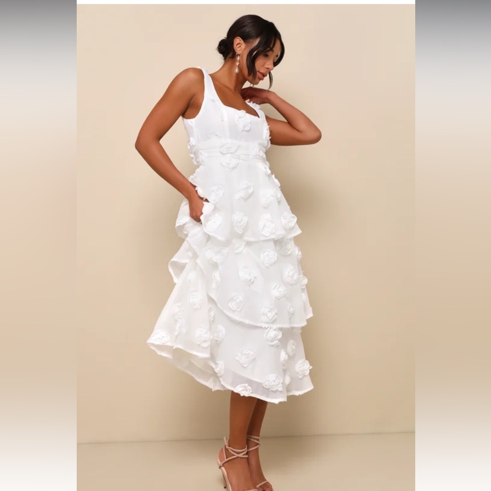 Lulus Exceptional Entrance White Sleeveless Tiered Rosette Midi Dress large - Picture 11 of 16